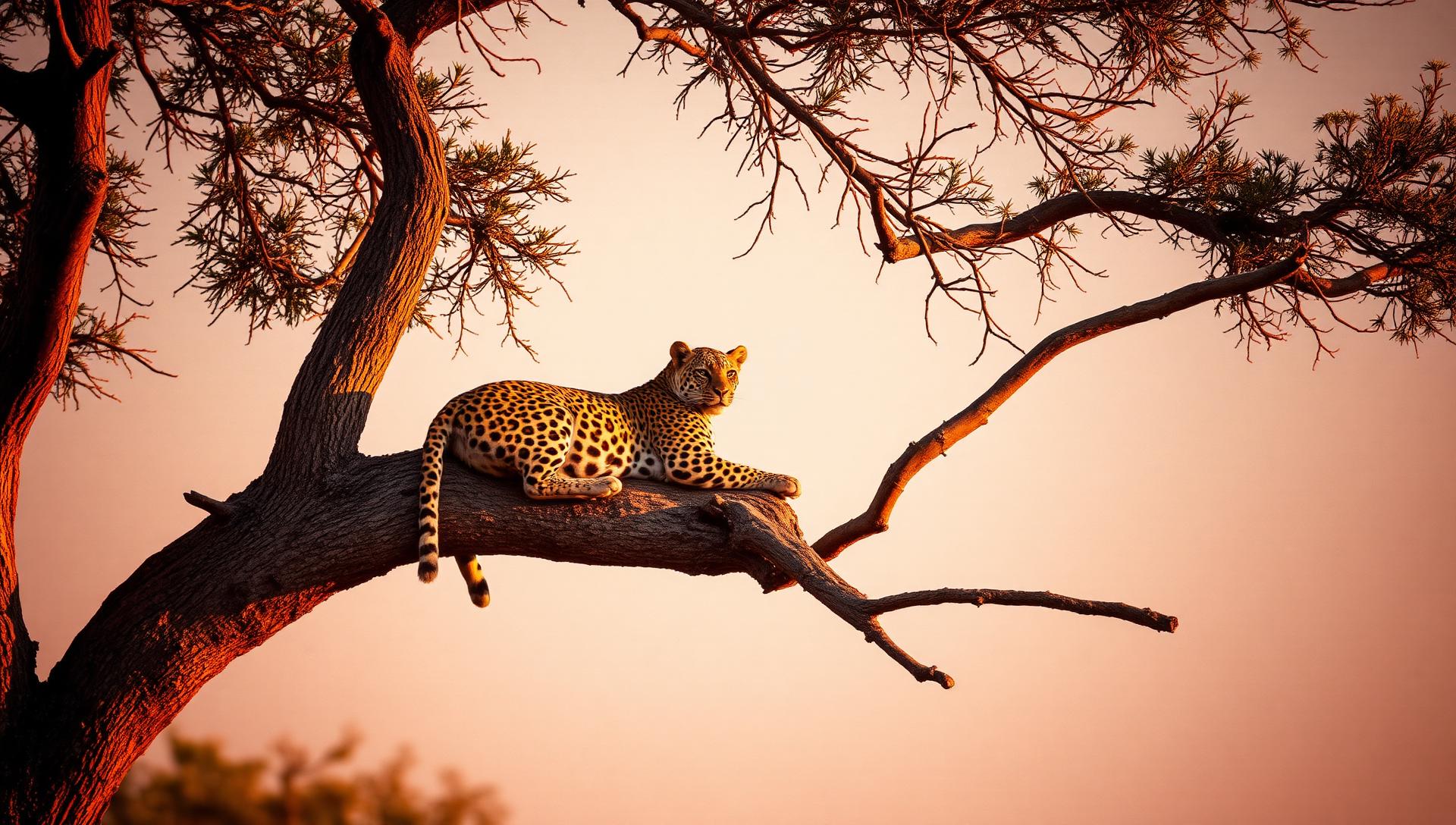 A leopard lounging in an acacia tree at golden hour.