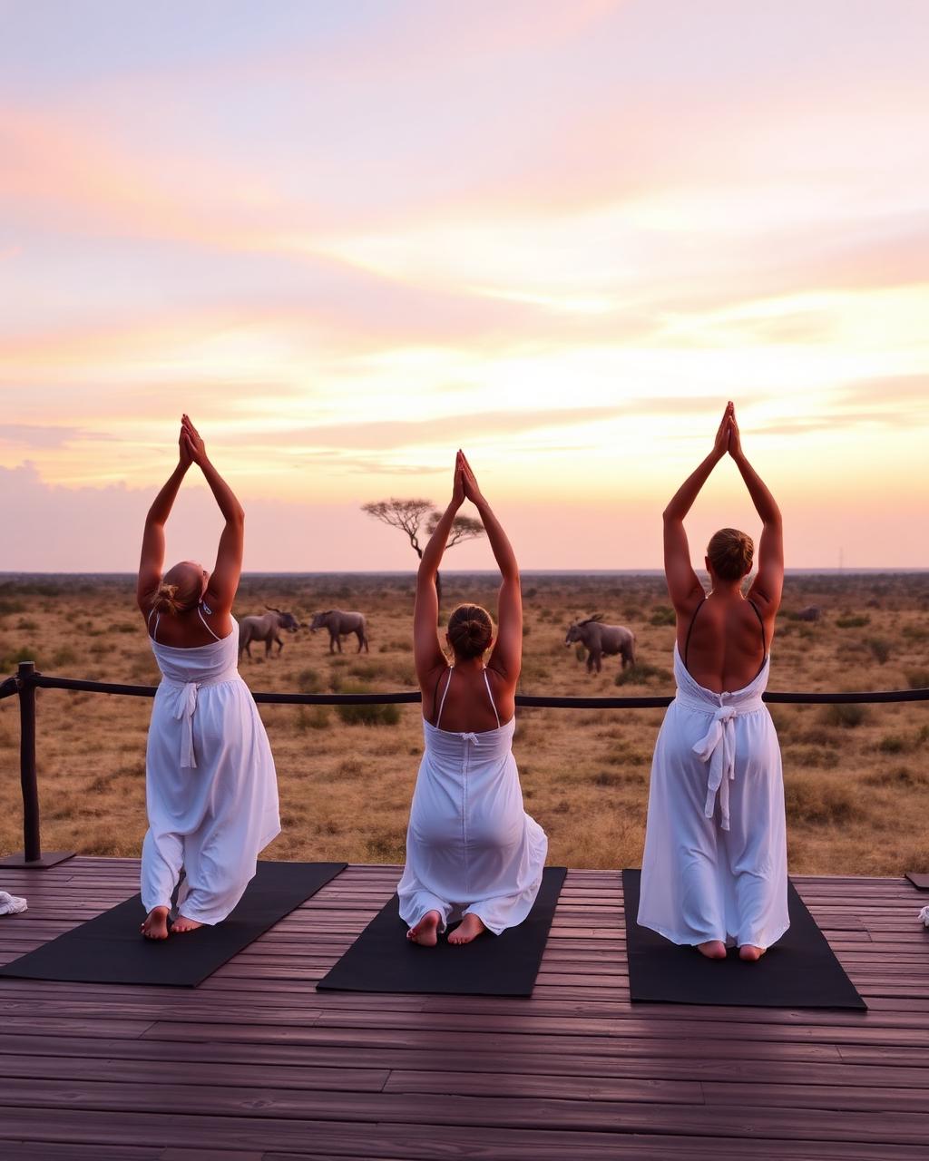Women gathered at sunrise on a deck overlooking the Serengeti.